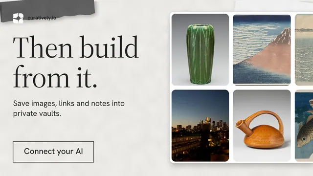 Landscape graphic for Curatively: "Then build from it." Editorial style, bottom layout, light palette in white, grey.