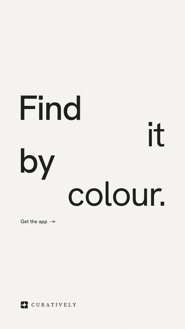 Instagram story for Curatively: "Find it by colour." Minimal luxury style, stacked layout, light palette in white.