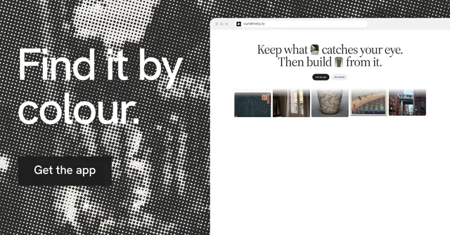 Social ad for Curatively: "Find it by colour." Swiss style, browser layout, light palette in white, black, grey.