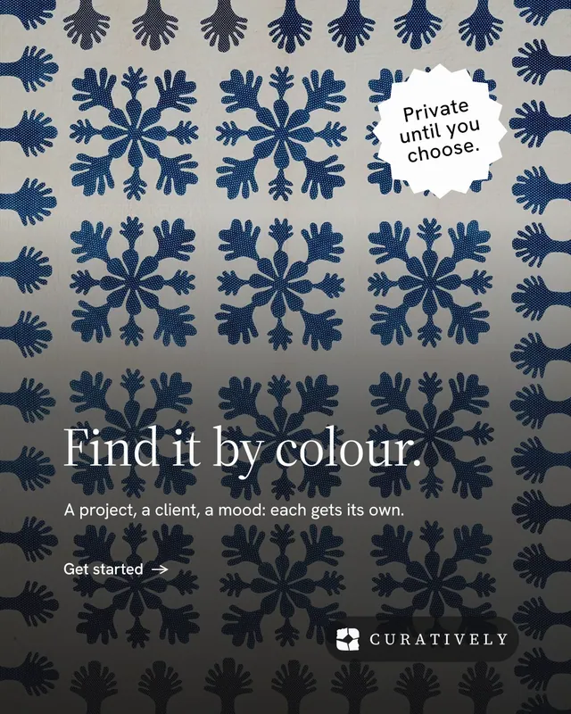 Instagram portrait post for Curatively: "Find it by colour." Minimal luxury style, sticker layout, dark palette in grey, black.