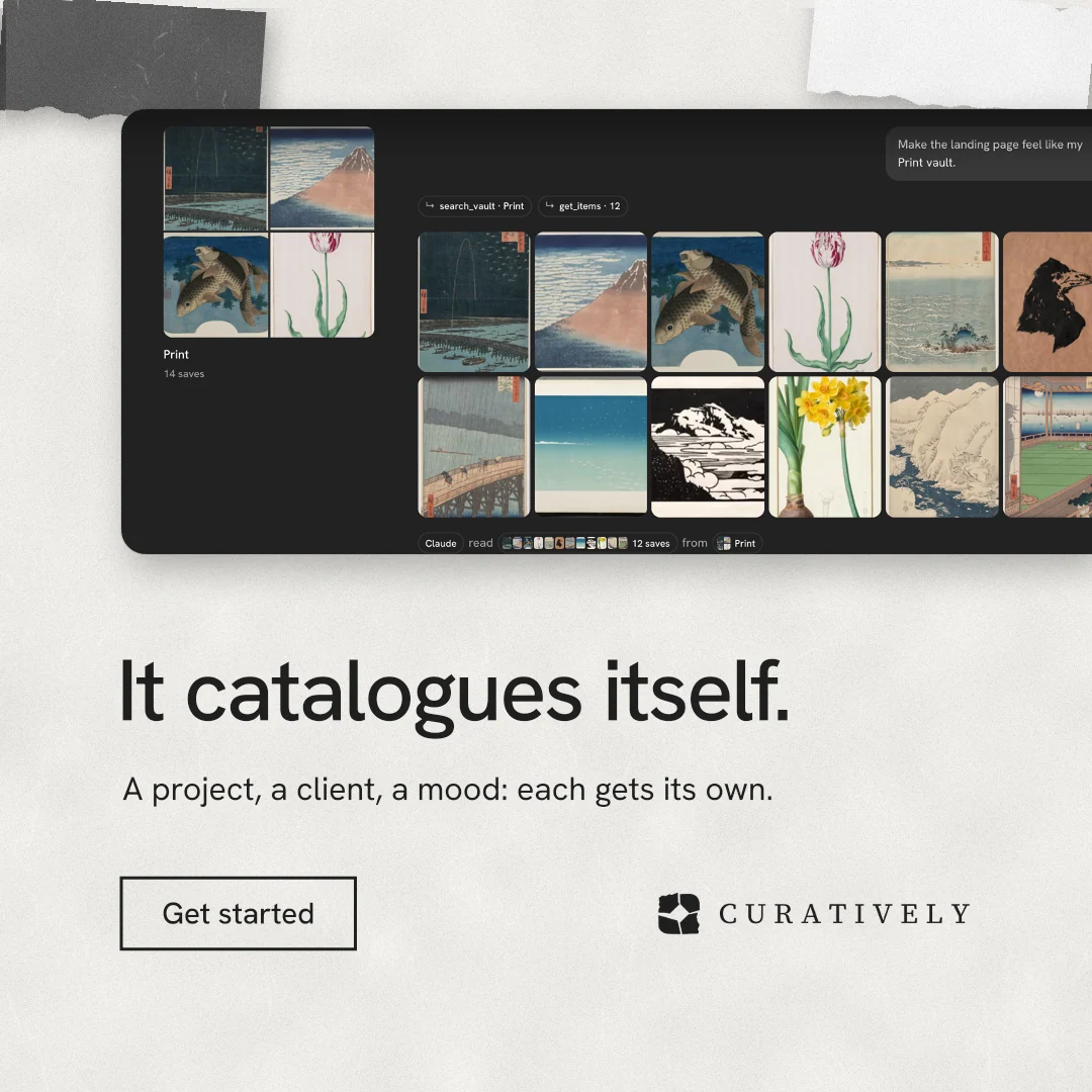 Instagram post for Curatively: "It catalogues itself." Editorial style, bottom layout, light palette in white, black, grey.