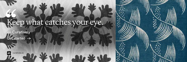 X header for Curatively: "Find it by colour." Minimal luxury style, quote layout, light palette in blue, grey, white.