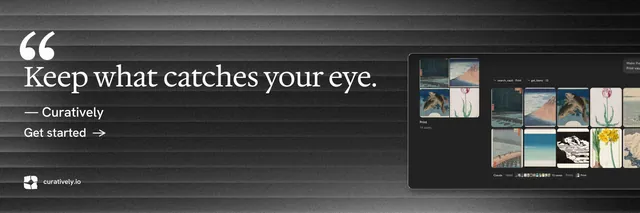 X header for Curatively: "All of it, in one grid." Minimal luxury style, quote layout, dark palette in black, grey.
