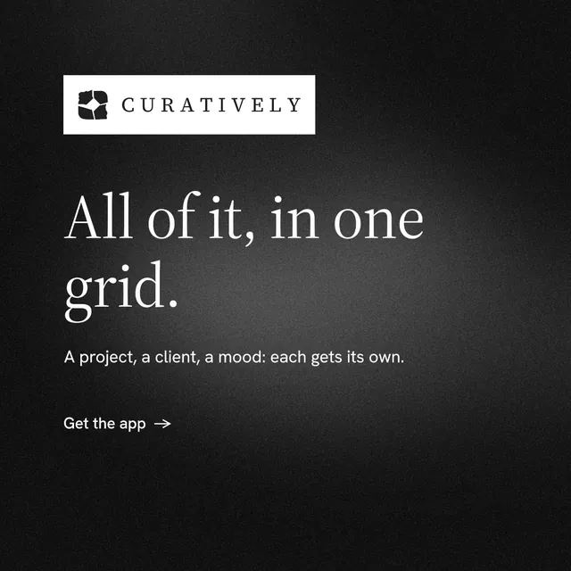 Instagram post for Curatively: "All of it, in one grid." Minimal luxury style, announce layout, dark palette in black, grey.