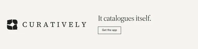 LinkedIn banner for Curatively: "It catalogues itself." Editorial style, logo hero layout, light palette in white.