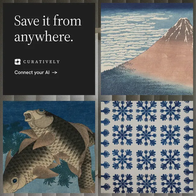 Instagram post for Curatively: "Save it from anywhere." Minimal luxury style, collage layout, dark palette in grey, black, blue.
