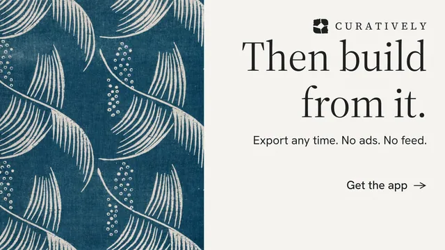Landscape graphic for Curatively: "Then build from it." Minimal luxury style, right layout, light palette in white, blue, grey.