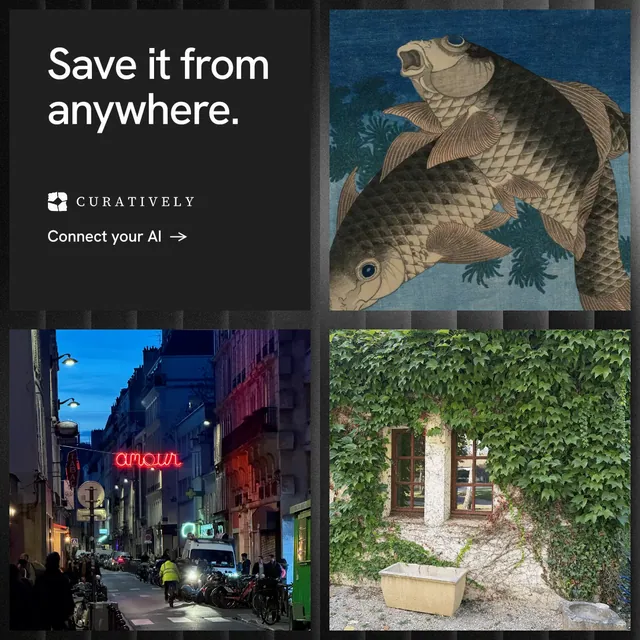 Instagram post for Curatively: "Save it from anywhere." Minimal luxury style, collage layout, dark palette in black, grey, blue.
