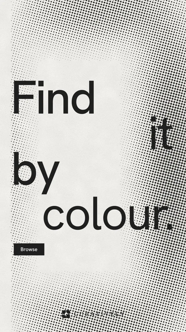 Instagram story for Curatively: "Find it by colour." Swiss style, stacked layout, light palette in grey, white.