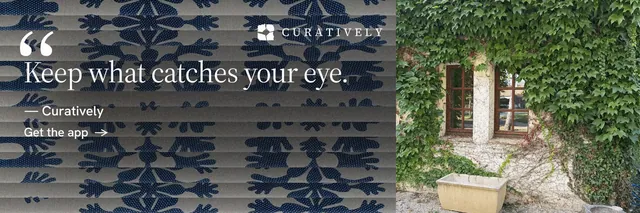 X header for Curatively: "Saved, sorted and yours." Minimal luxury style, quote layout, dark palette in grey, blue.