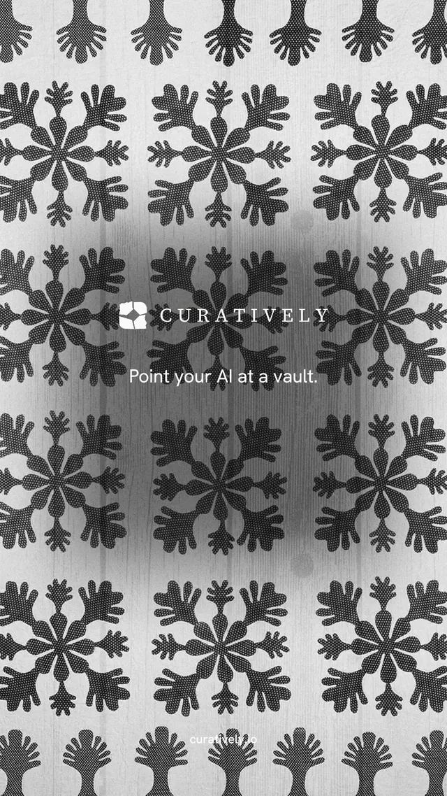Instagram story for Curatively: "Point your AI at a vault." Minimal luxury style, end card layout, light palette in grey, white.