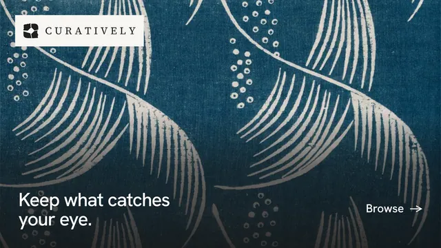 Landscape graphic for Curatively: "Keep what catches your eye." Swiss style, image led layout, dark palette in blue, grey.