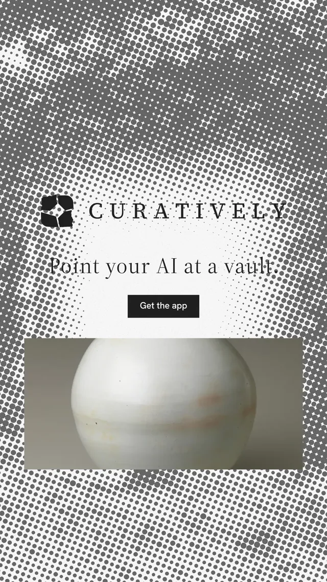 Instagram story for Curatively: "Point your AI at a vault." Split block style, logo hero layout, light palette in grey, white.