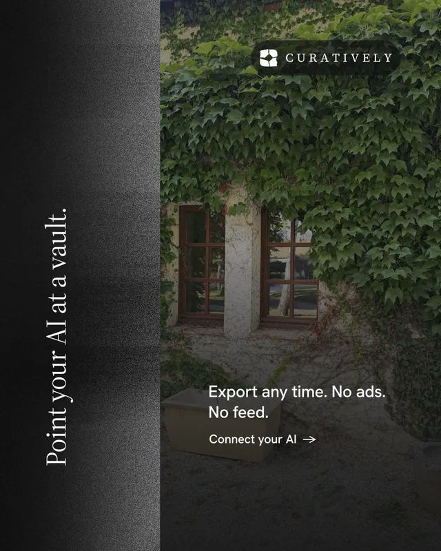 Instagram portrait post for Curatively: "Point your AI at a vault." Minimal luxury style, vertical layout, dark palette in black, grey.