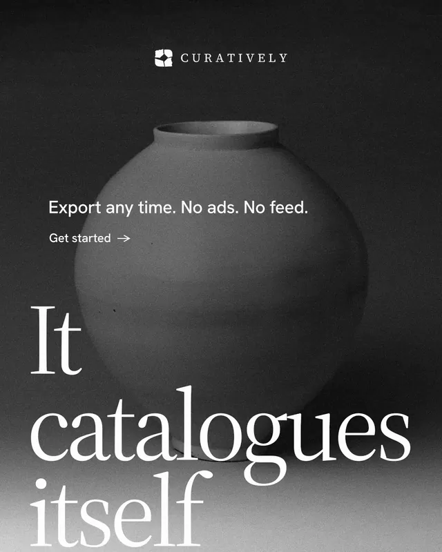 Instagram portrait post for Curatively: "Save it from anywhere." Minimal luxury style, oversized layout, dark palette in grey, black.