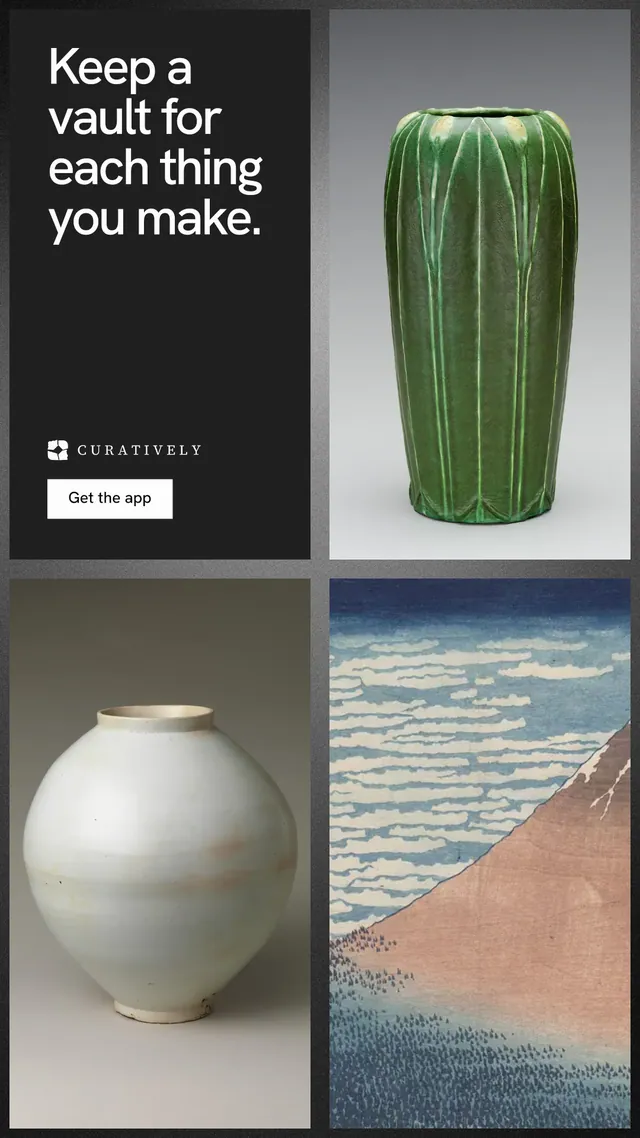 Instagram story for Curatively: "Keep a vault for each thing you make." Swiss style, collage layout, light palette in grey, black.