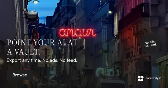 Social ad for Curatively: "Point your AI at a vault." Split block style, sticker layout, dark palette in black, red, grey.