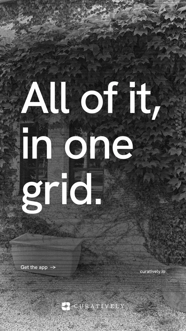 Instagram story for Curatively: "All of it, in one grid." Minimal luxury style, poster layout, dark palette in grey, black.