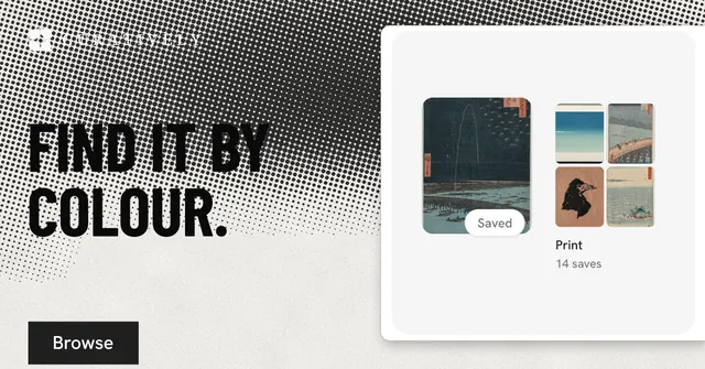 Social ad for Curatively: "Find it by colour." Retro print style, bottom layout, light palette in white, grey.