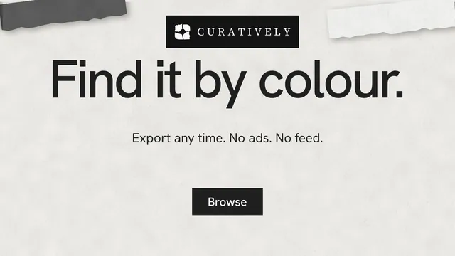 Landscape graphic for Curatively: "Find it by colour." Swiss style, centred layout, light palette in white, grey.