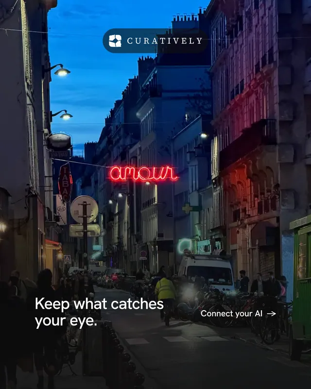 Instagram portrait post for Curatively: "Keep what catches your eye." Minimal luxury style, image led layout, dark palette in black, grey, blue.