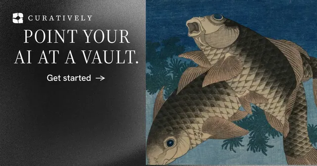 Social ad for Curatively: "Point your AI at a vault." Minimal luxury style, skeleton layout, dark palette in black, blue, grey.