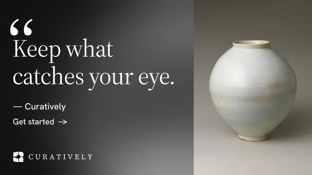 Landscape graphic for Curatively: "Keep what catches your eye." Minimal luxury style, quote layout, dark palette in grey, black.