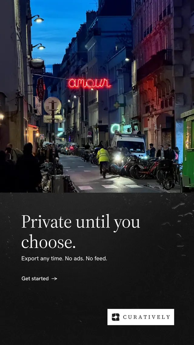 Instagram story for Curatively: "Private until you choose." Minimal luxury style, bottom layout, dark palette in black, grey.