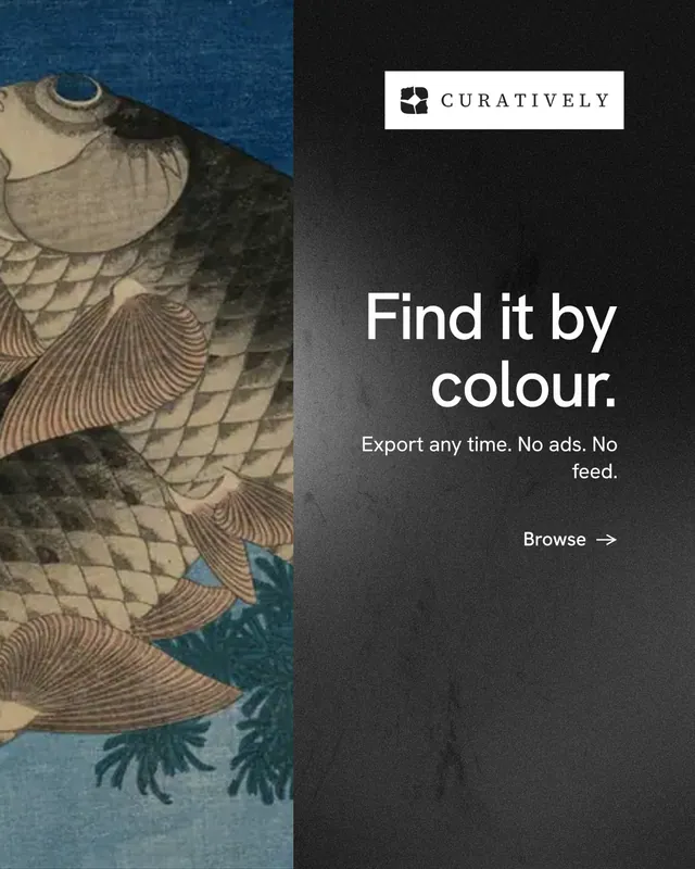 Instagram portrait post for Curatively: "Find it by colour." Minimal luxury style, right layout, dark palette in black, grey.