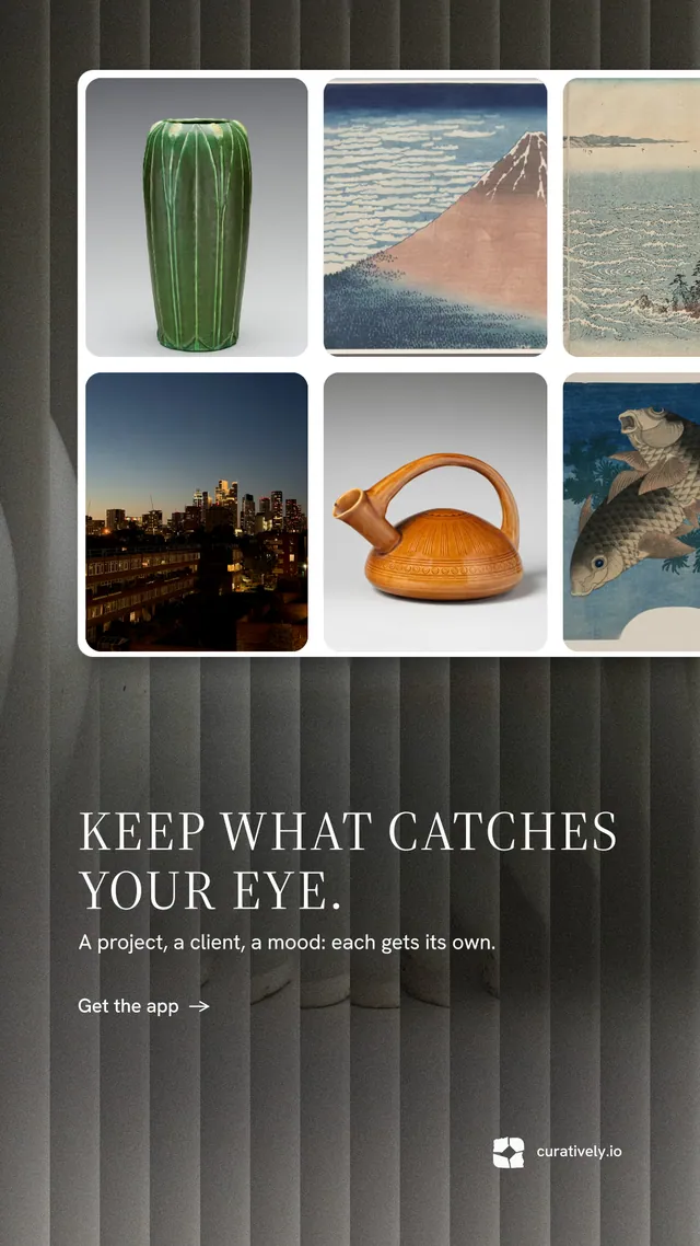 Instagram story for Curatively: "Keep what catches your eye." Minimal luxury style, bottom layout, dark palette in grey, black, white.