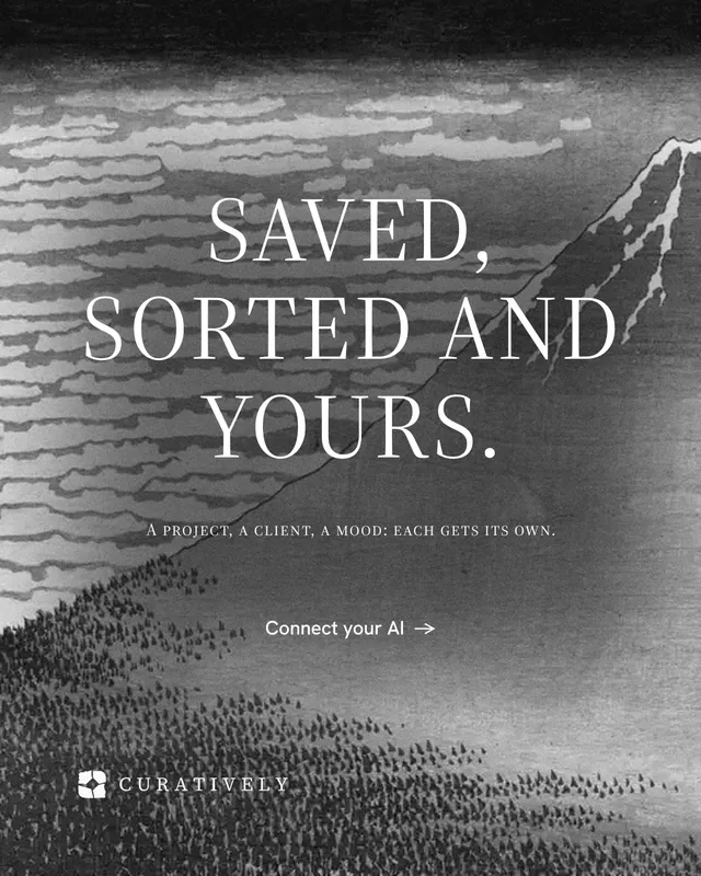 Instagram portrait post for Curatively: "Saved, sorted and yours." Editorial style, smallcaps layout, dark palette in grey, black.
