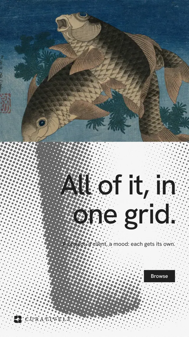Instagram story for Curatively: "All of it, in one grid." Split block style, right layout, light palette in grey, blue, white.