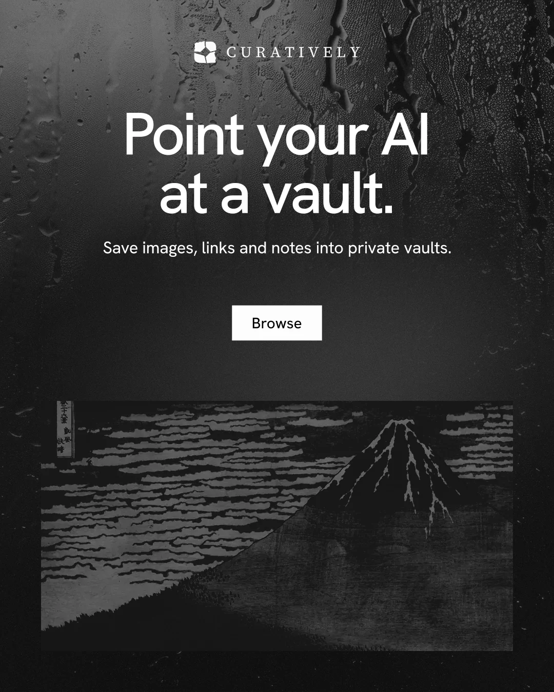 Instagram portrait post for Curatively: "Point your AI at a vault." Swiss style, centred layout, dark palette in black, grey.
