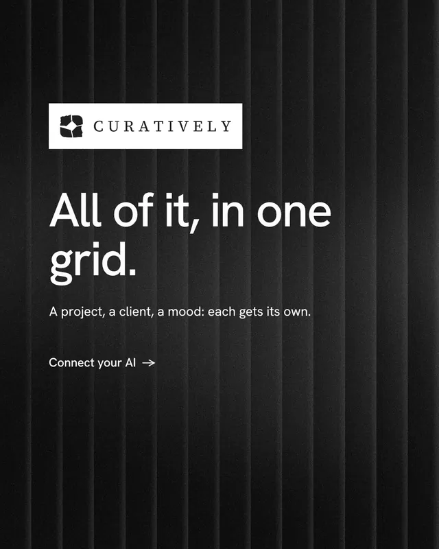 Instagram portrait post for Curatively: "All of it, in one grid." Minimal luxury style, announce layout, dark palette in black, grey.