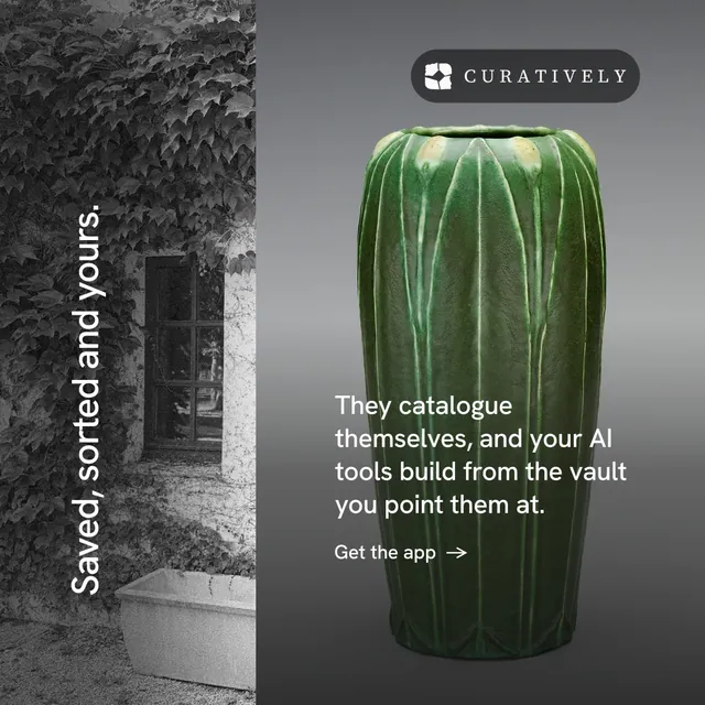 Instagram post for Curatively: "Saved, sorted and yours." Minimal luxury style, vertical layout, dark palette in black, grey.