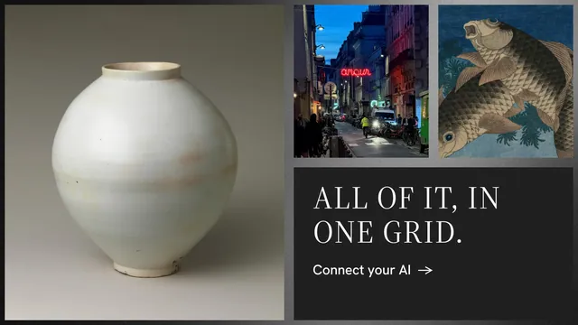 Landscape graphic for Curatively: "All of it, in one grid." Minimal luxury style, collage layout, dark palette in black, grey.