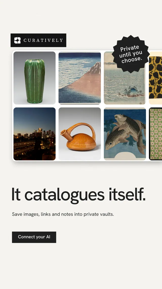 Instagram story for Curatively: "It catalogues itself." Swiss style, sticker layout, light palette in white, grey.