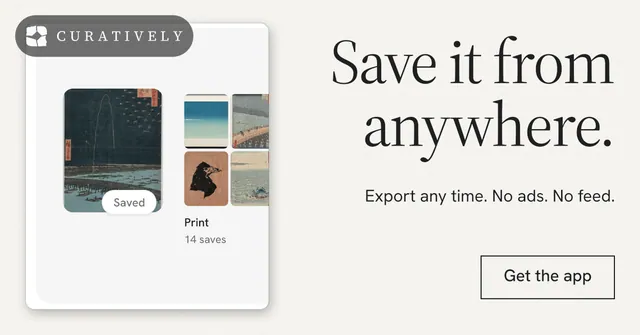Social ad for Curatively: "Save it from anywhere." Editorial style, right layout, light palette in white, grey.