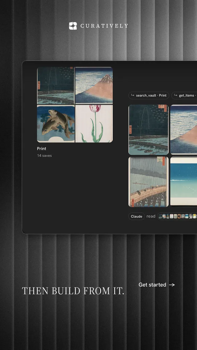 Instagram story for Curatively: "Then build from it." Minimal luxury style, image led layout, dark palette in black, grey.