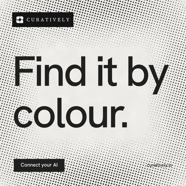 Instagram post for Curatively: "Find it by colour." Swiss style, poster layout, light palette in white, grey.