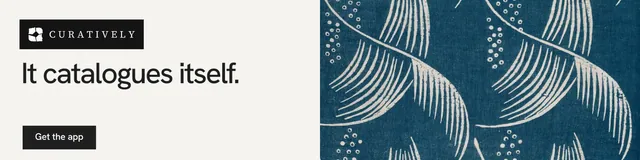 LinkedIn banner for Curatively: "It catalogues itself." Swiss style, bottom layout, light palette in white, blue, grey.