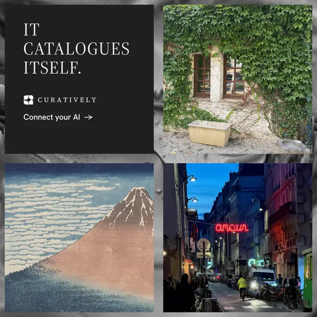 Instagram post for Curatively: "It catalogues itself." Minimal luxury style, collage layout, dark palette in black, grey, orange.