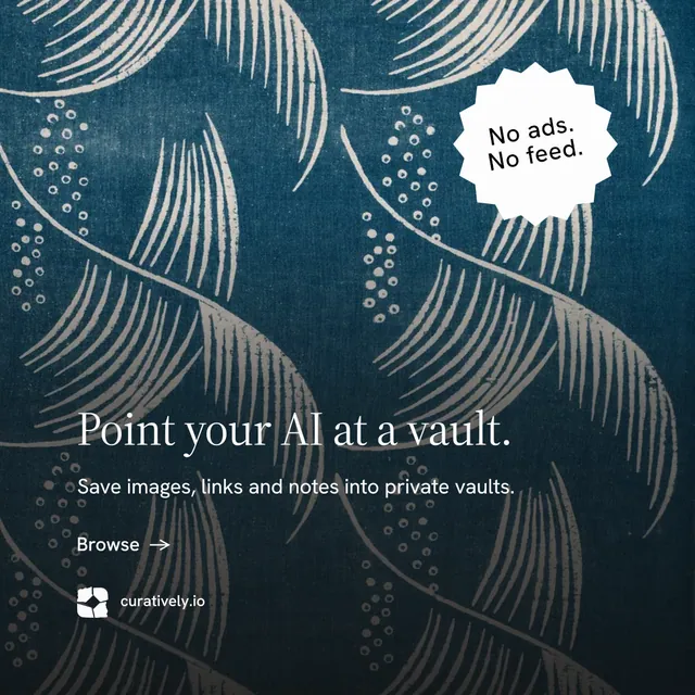 Instagram post for Curatively: "Point your AI at a vault." Minimal luxury style, sticker layout, dark palette in blue, black, grey.