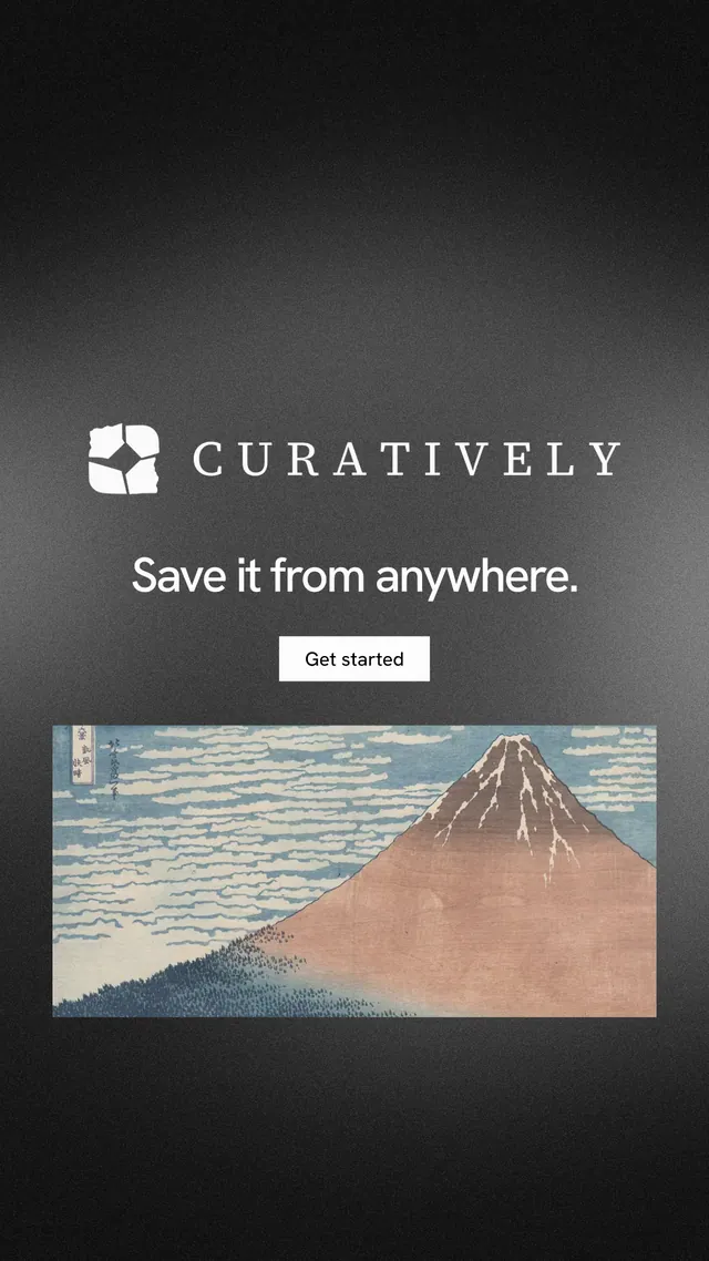 Instagram story for Curatively: "Save it from anywhere." Swiss style, logo hero layout, dark palette in grey, black.