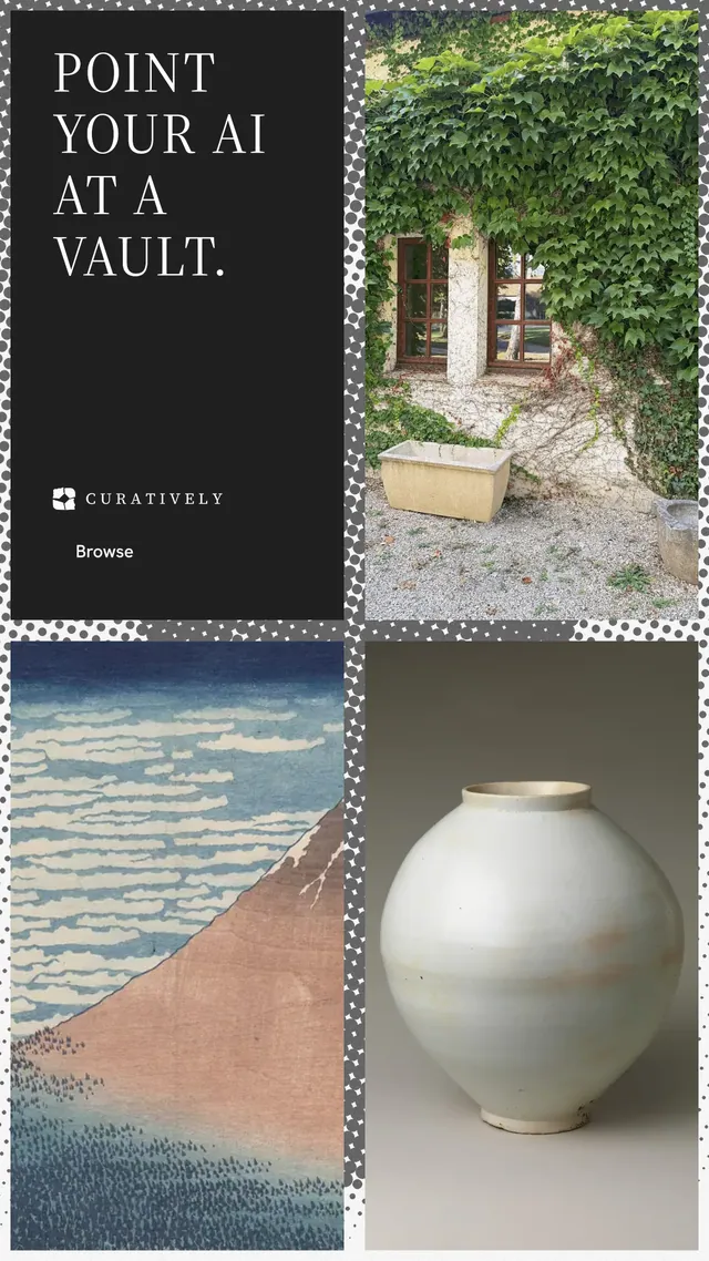 Instagram story for Curatively: "Point your AI at a vault." Split block style, collage layout, light palette in grey, black.