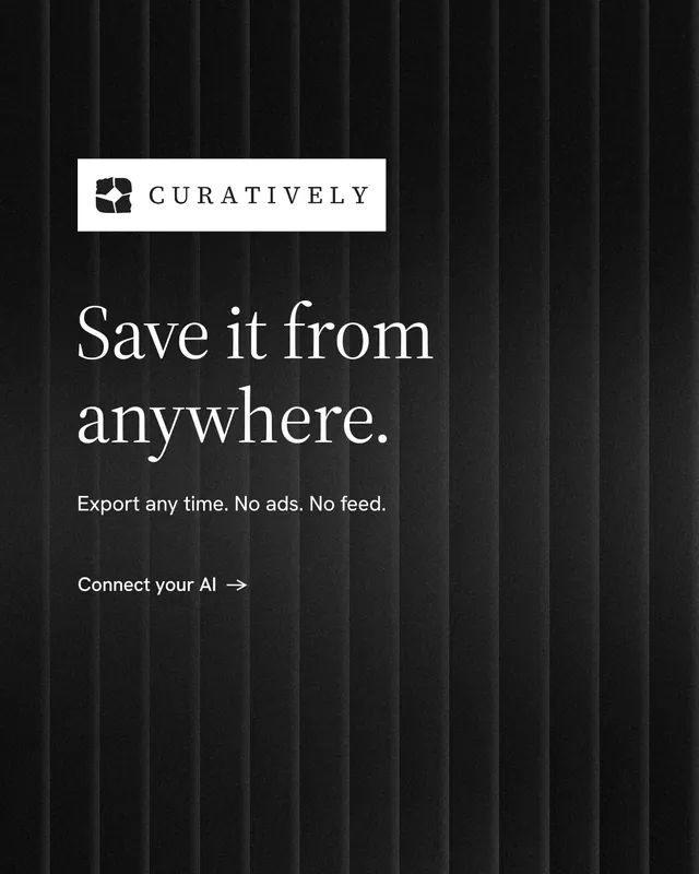 Instagram portrait post for Curatively: "Save it from anywhere." Minimal luxury style, announce layout, dark palette in black, grey.