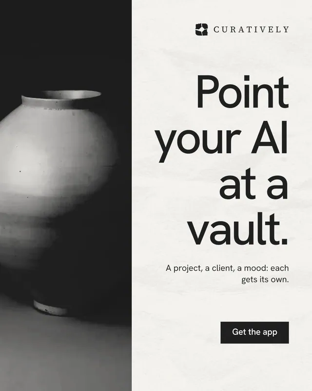 Instagram portrait post for Curatively: "Point your AI at a vault." Swiss style, right layout, light palette in black, white, grey.