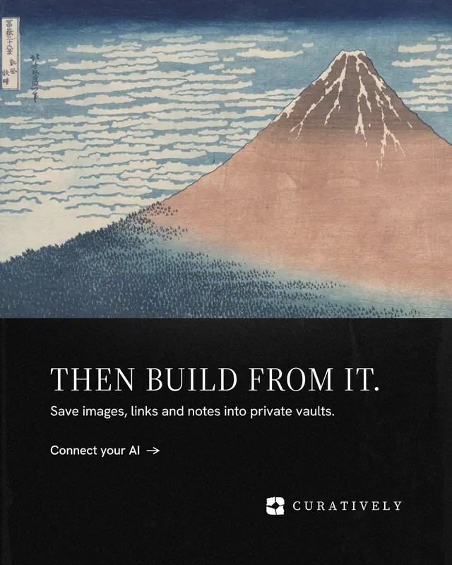 Instagram portrait post for Curatively: "Then build from it." Minimal luxury style, bottom layout, dark palette in grey, black.