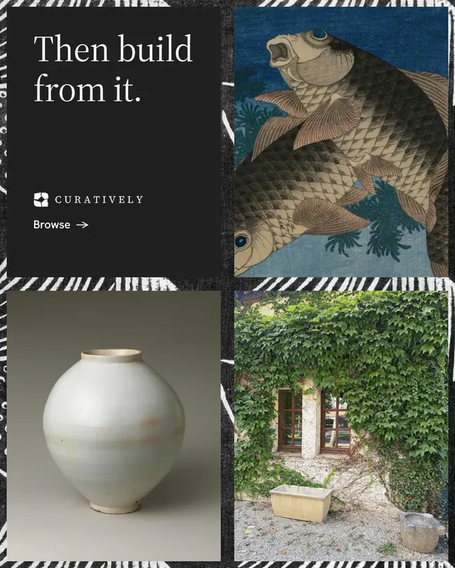Instagram portrait post for Curatively: "Then build from it." Minimal luxury style, collage layout, dark palette in black, grey.