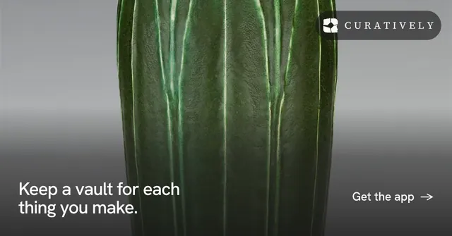 Social ad for Curatively: "Keep a vault for each thing you make." Editorial style, image led layout, dark palette in grey, black.